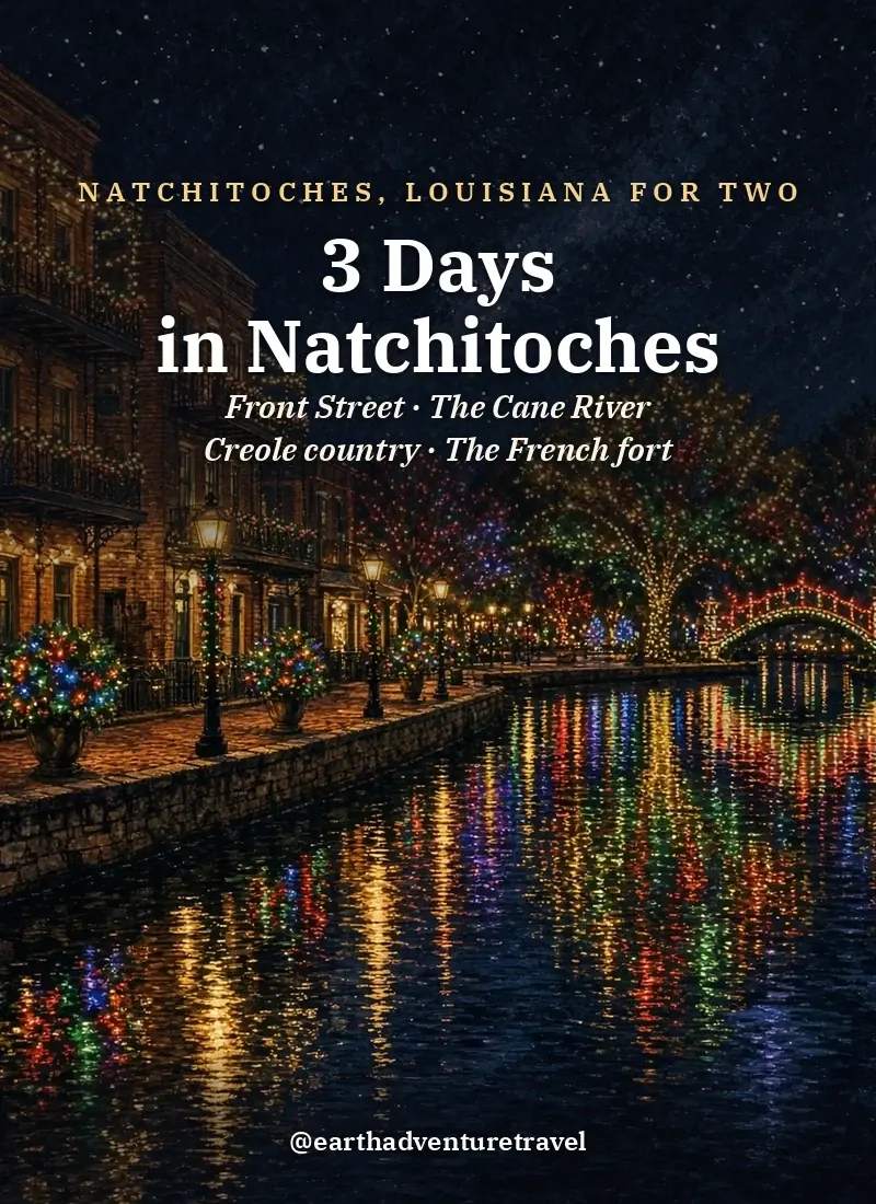 Original Illustration: holiday lights reflected in Cane River Lake below Front Street in Natchitoches