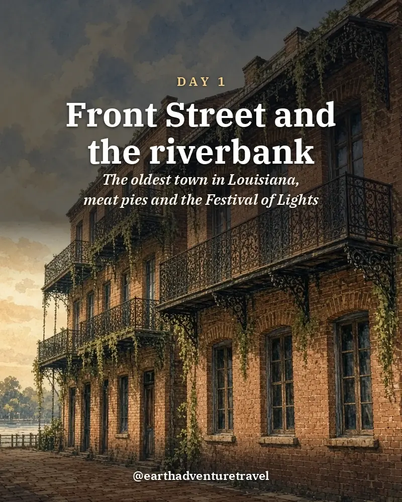 Illustrated day card: The oldest town in Louisiana, meat pies and the Festival of Lights
