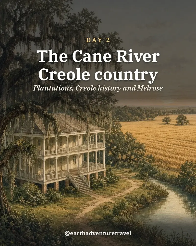 Illustrated day card: Plantations, Creole history and Melrose