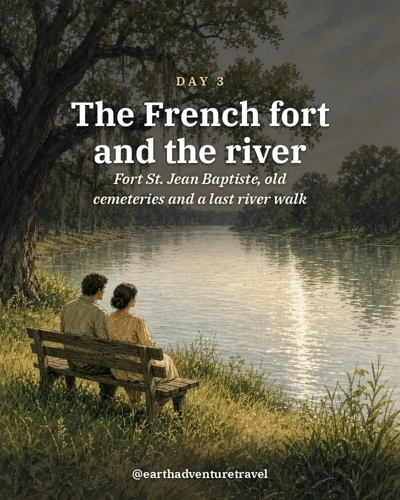 Illustrated day card: Fort St. Jean Baptiste, old cemeteries and a last river walk