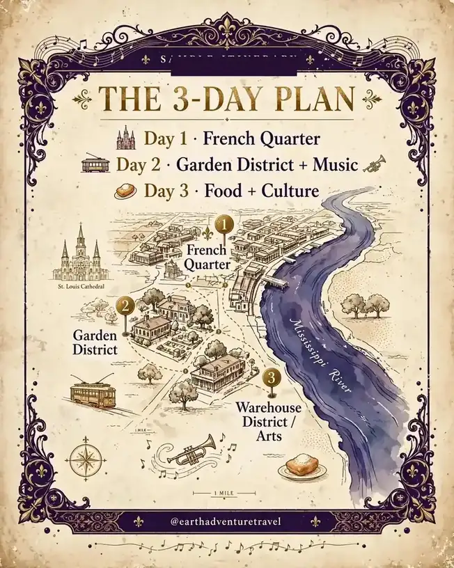 Illustrated three-day New Orleans route plan