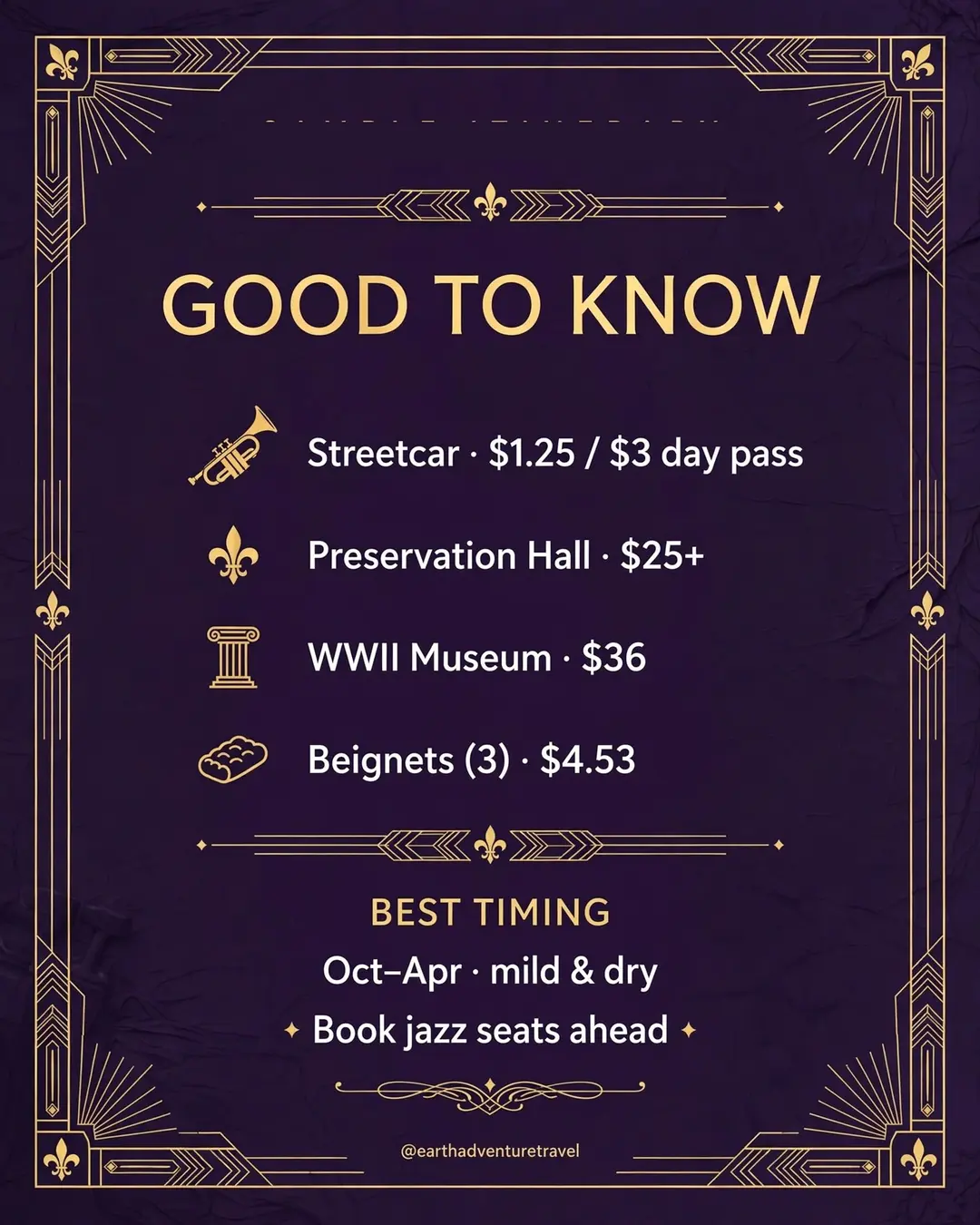 Practical information graphic for the New Orleans couples trip