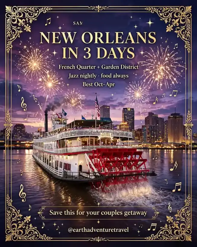 Saveable recap graphic for the three-day New Orleans couples route