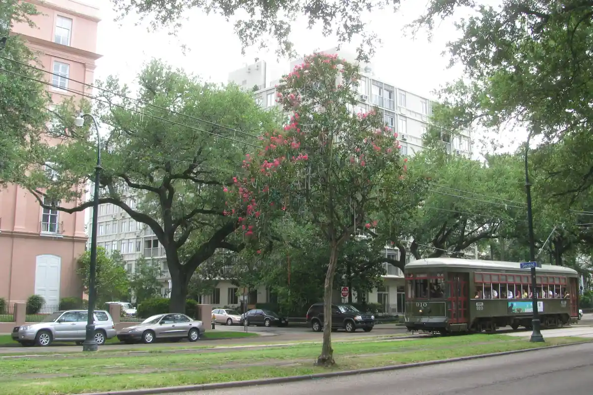 Garden District mansion with oak-lined street