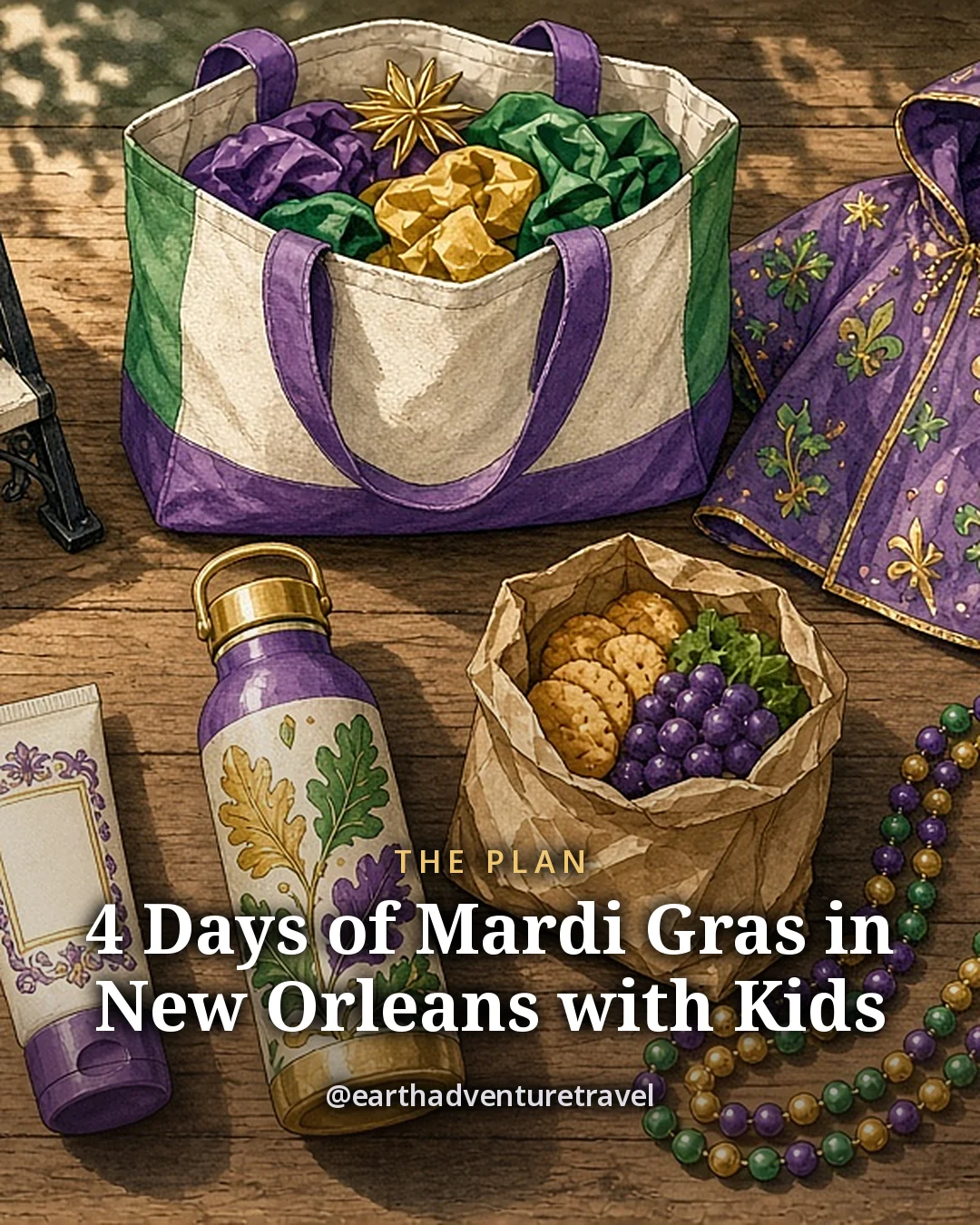 Illustration: a folding step stool, a cloth tote bag, two kids’ rain ponchos, child-size ear protectors, sunscreen, a water bottle, a bag of snacks, purple, green and gold beads and a blank parade schedule card on a wooden floor, original illustrated plan card for New Orleans Mardi Gras with kids