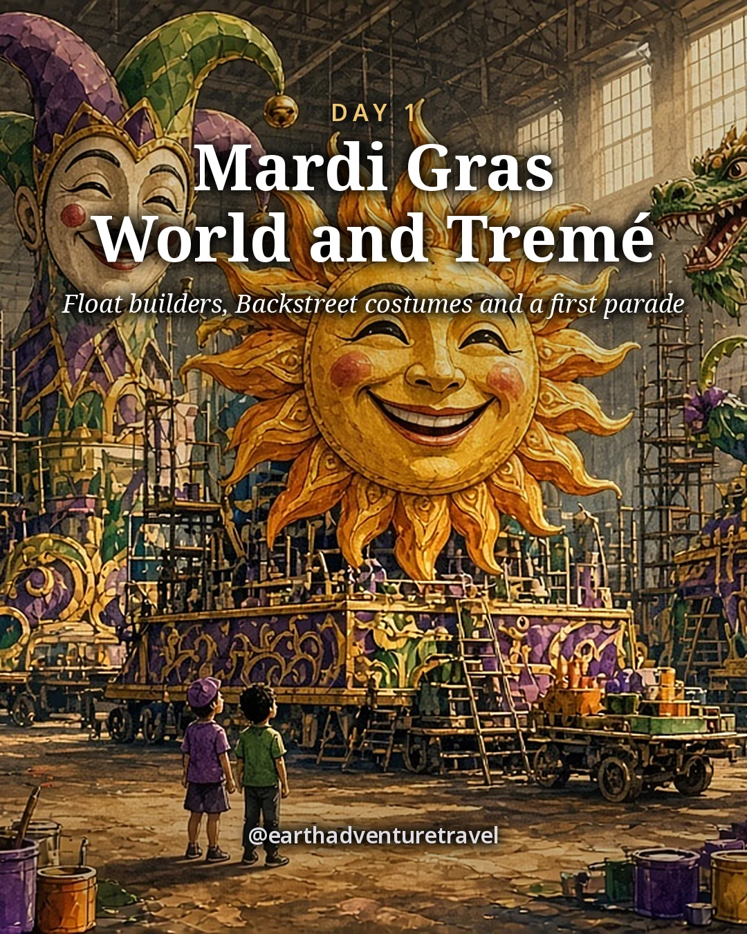 Illustration: inside a vast float-building warehouse, towering papier-mâché parade figures, a smiling sun, a jester head and a dragon, with two tiny kids looking up, illustrated day card for Day 1