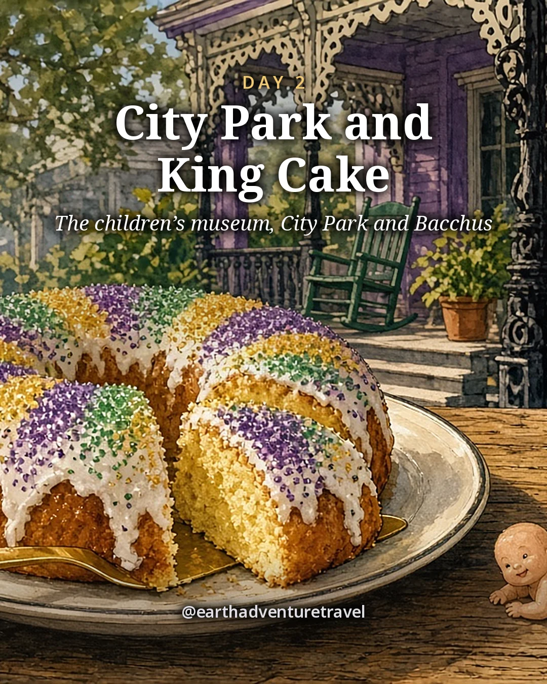 Illustration: a ring-shaped king cake with purple, green and gold sugar, a child’s hand lifting out a slice and a small plastic baby beside the plate, illustrated day card for Day 2
