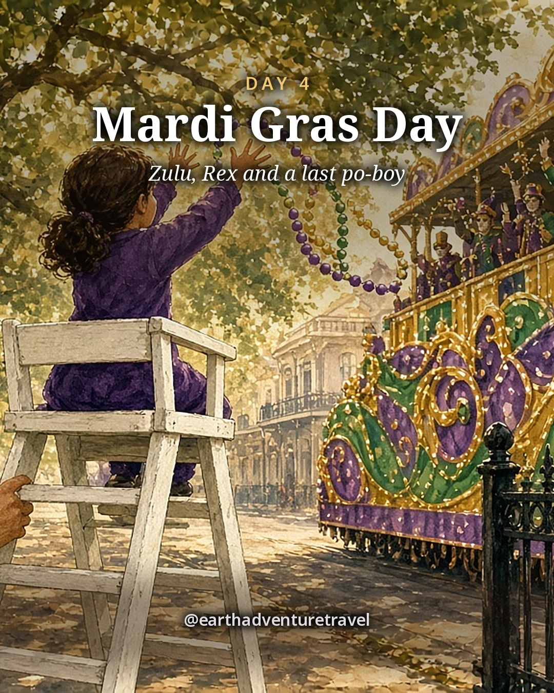 Illustration: a child seen from behind on a white ladder seat on a sunny Mardi Gras morning, arms up to catch purple, green and gold beads from a passing daytime float, illustrated day card for Day 4