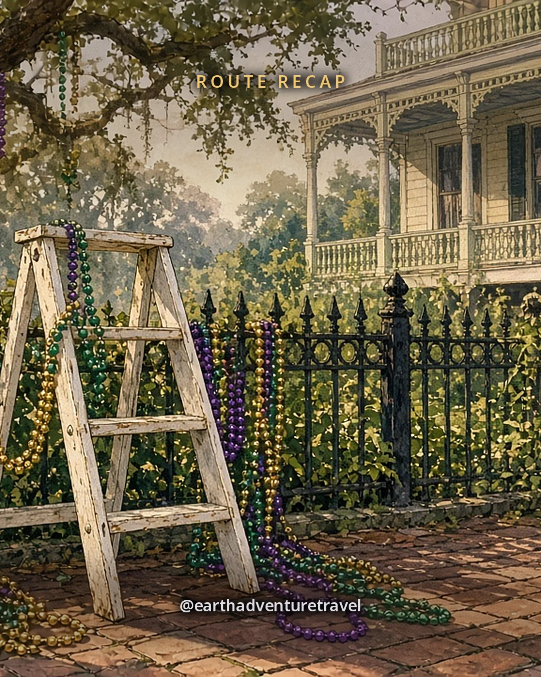 Illustration: the morning after Carnival in the Garden District, a white wooden ladder seat leaning on a black cast-iron fence draped with purple, green and gold beads, a live-oak branch above and a pastel house behind, original illustrated recap card
