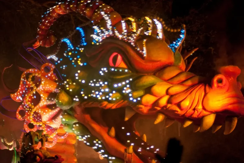 The Leviathan float of the Krewe of Orpheus lit up at night in New Orleans