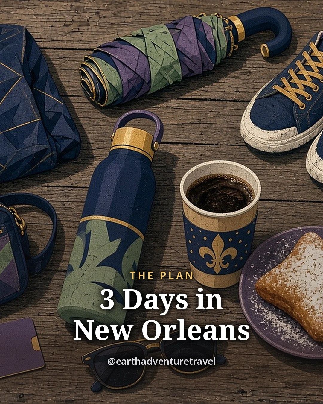 Illustration: a rain jacket, a crossbody bag, an umbrella, walking shoes, a water bottle, a coffee cup with a fleur-de-lis and a sugared beignet on a wooden table, original illustrated plan card for 3 days in New Orleans