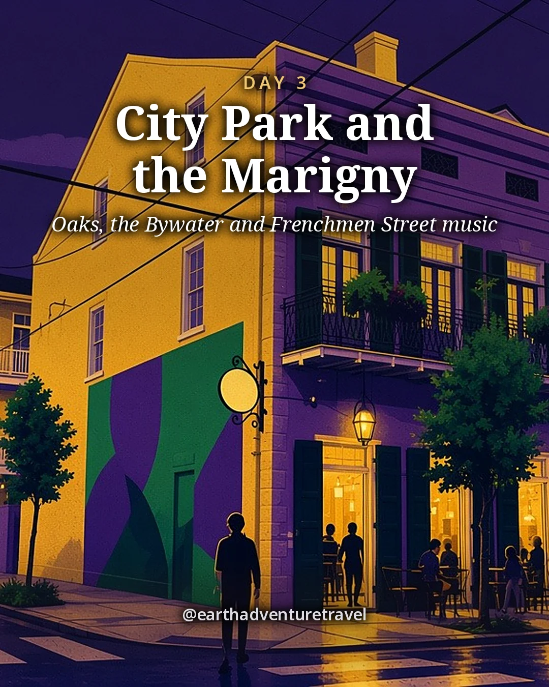 Illustration: a corner building with green shutters and iron balconies on Frenchmen Street at night under string lights, illustrated day card for Day 3