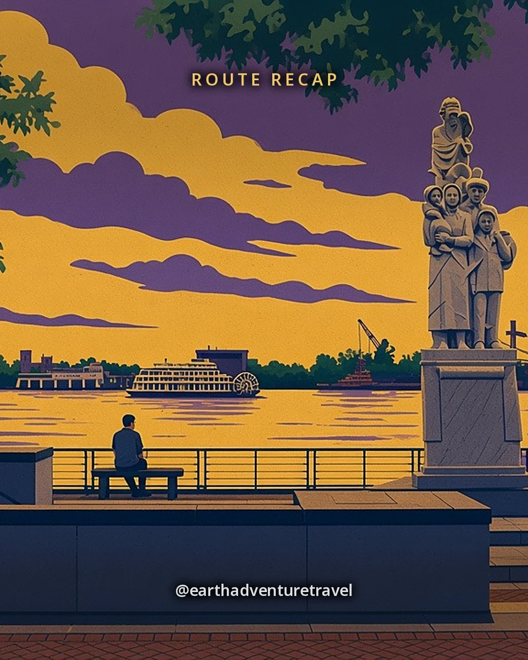 Illustration: a lone traveler on a bench by a riverfront statue at sunset, with a paddlewheeler on the Mississippi, original illustrated recap card