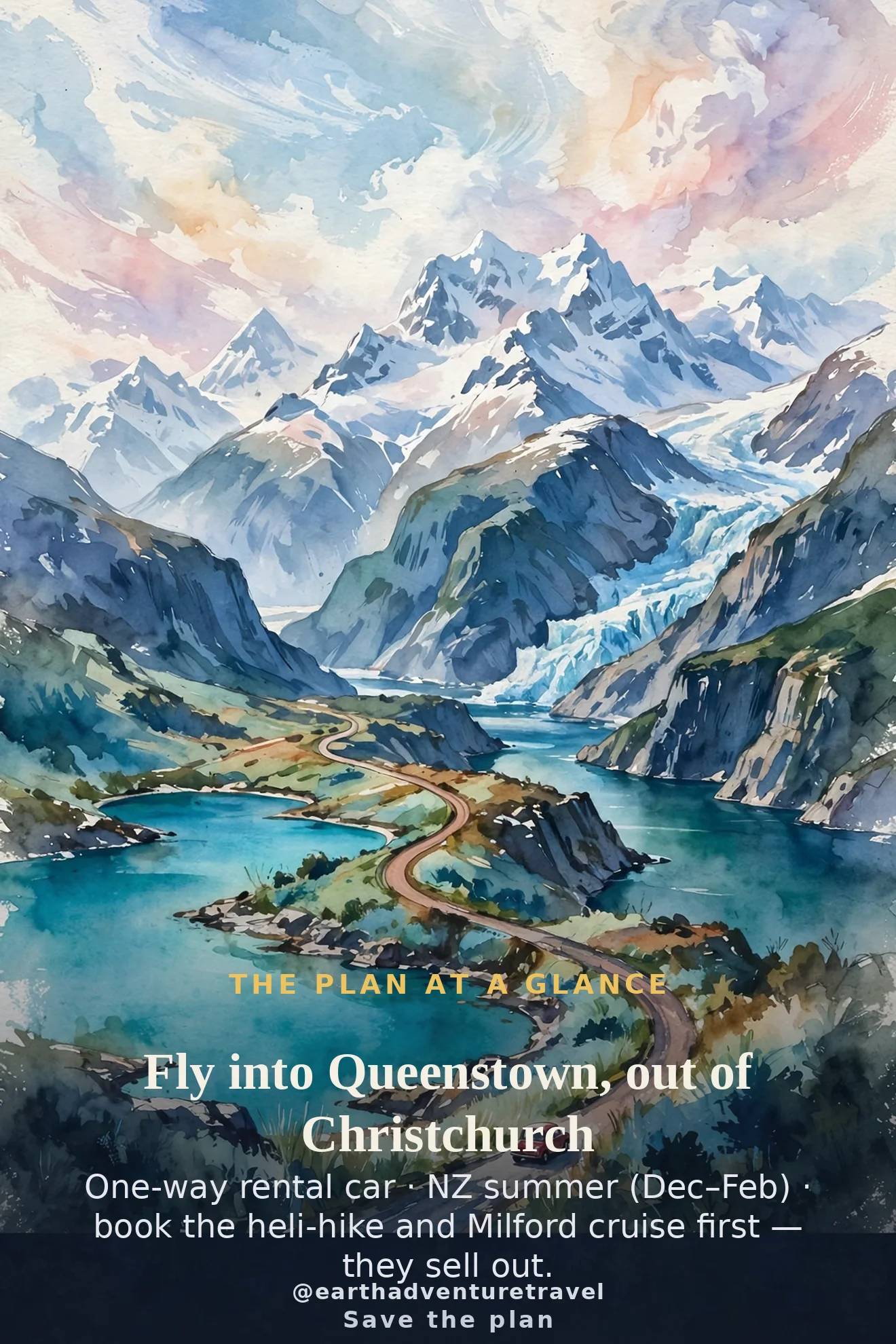 South Island couples trip-plan graphic: the seven-day route at a glance