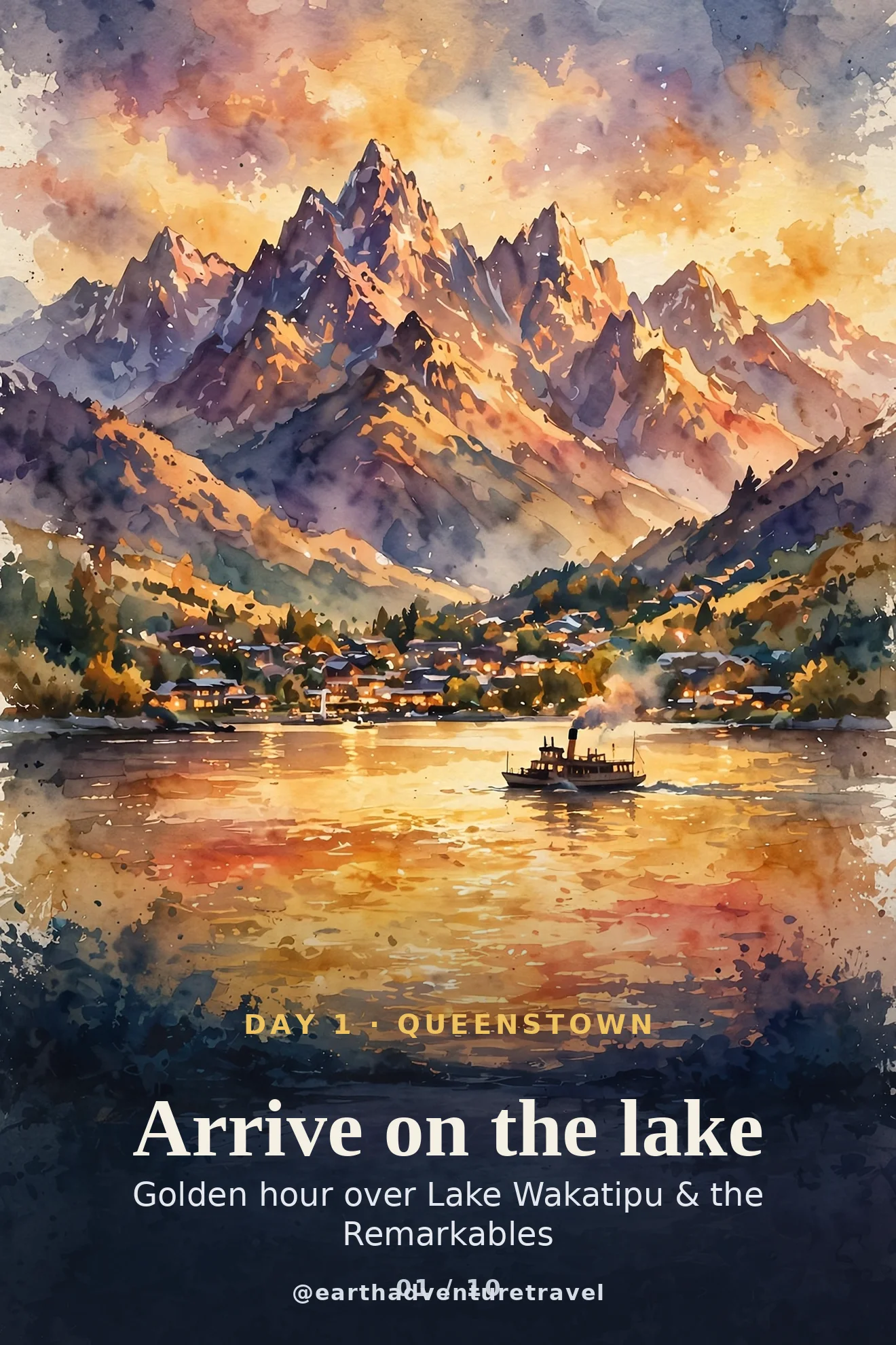 Day 1 itinerary card: Queenstown arrival beneath the Remarkables at golden hour