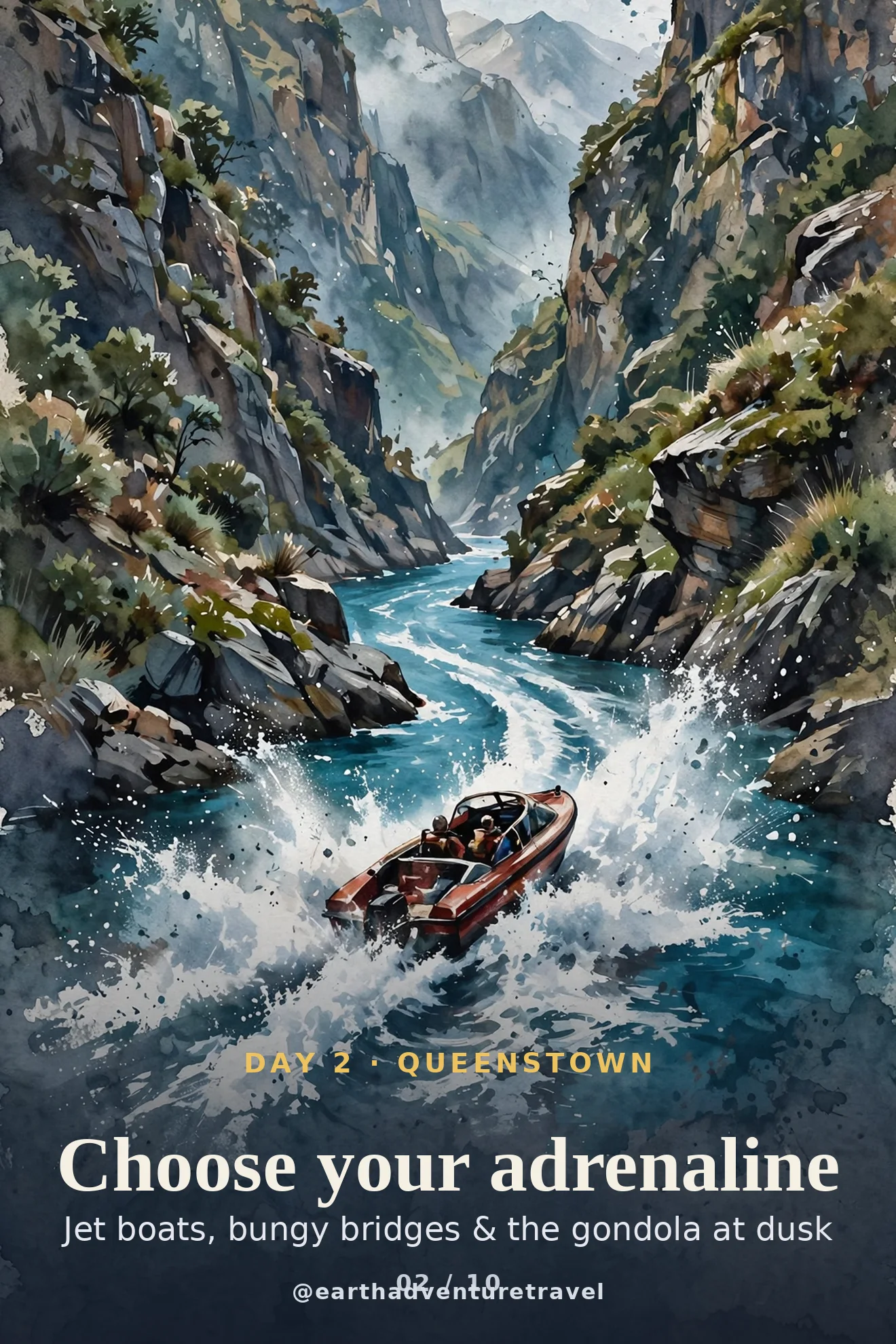 Day 2 itinerary card: a jet boat and bungy bridge in Queenstown's adventure capital