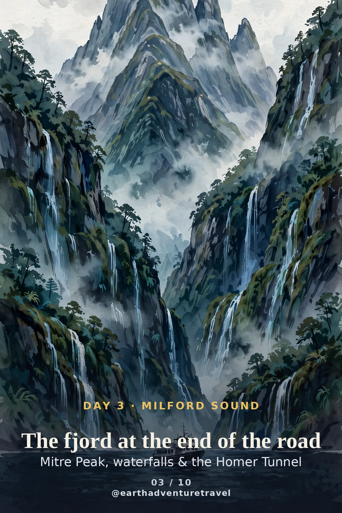 Day 3 itinerary card: Mitre Peak and a cruise boat in Milford Sound