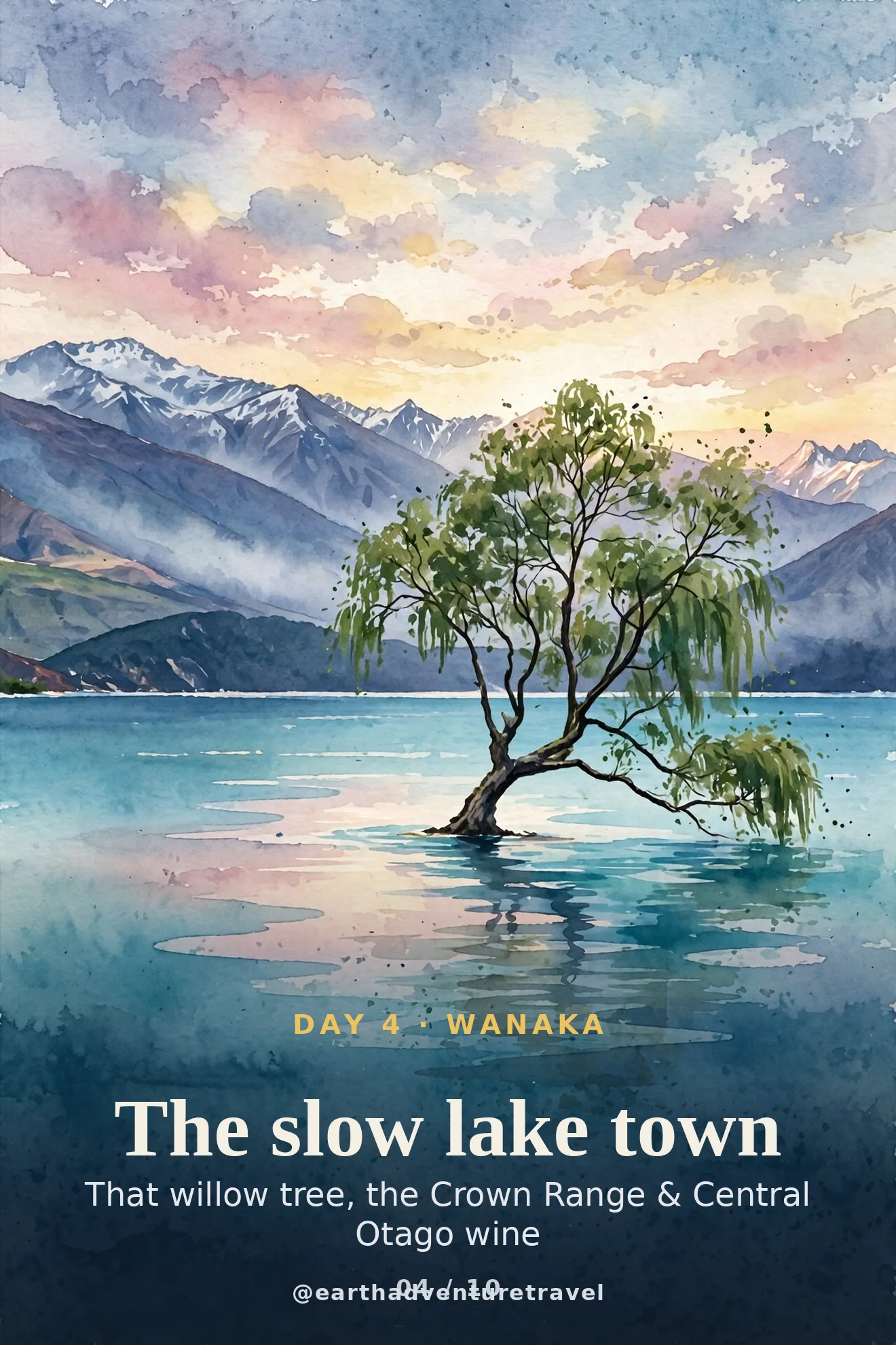 Day 4 itinerary card: Lake Wanaka's calm water and mountains