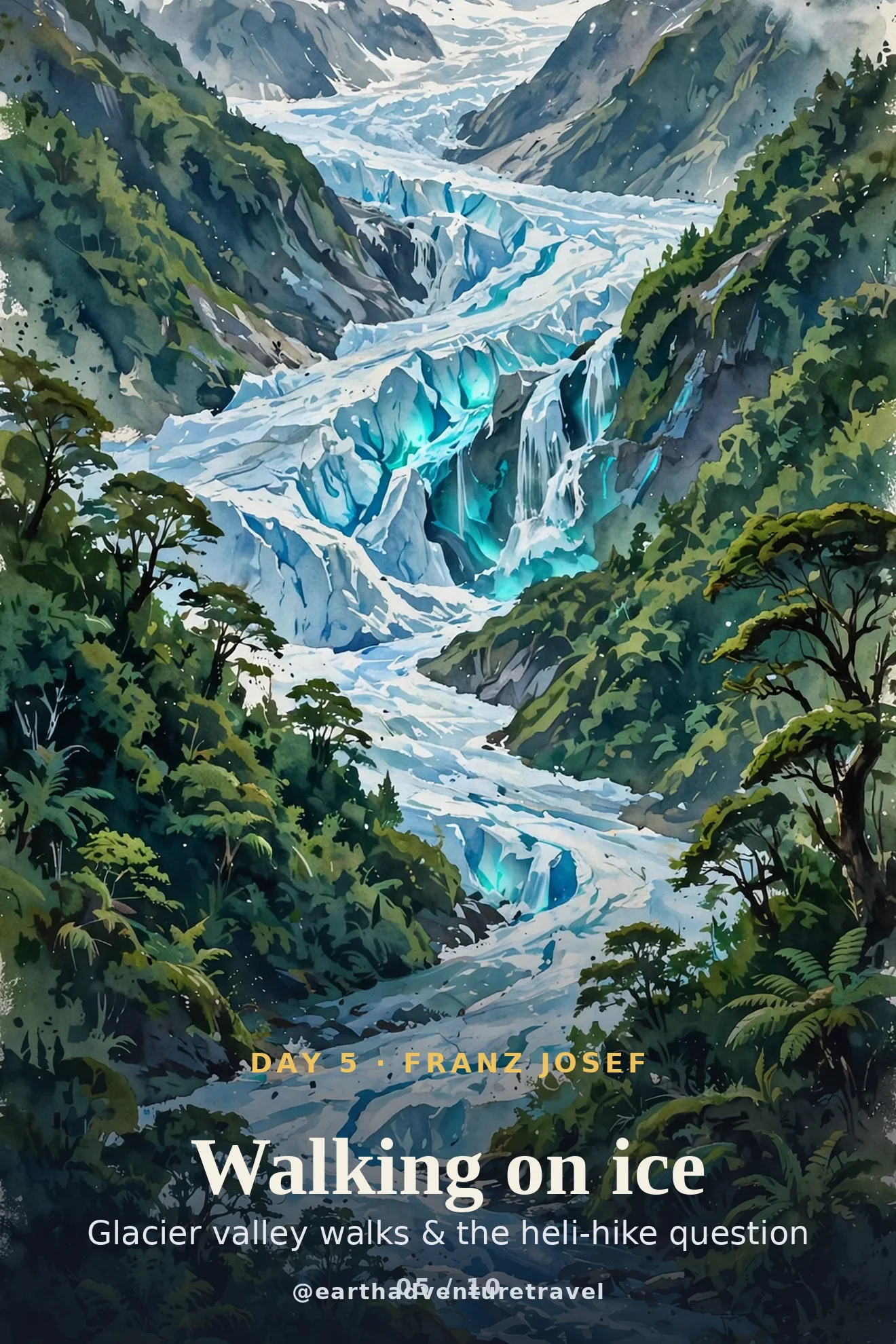 Day 5 itinerary card: the Franz Josef Glacier descending into rainforest