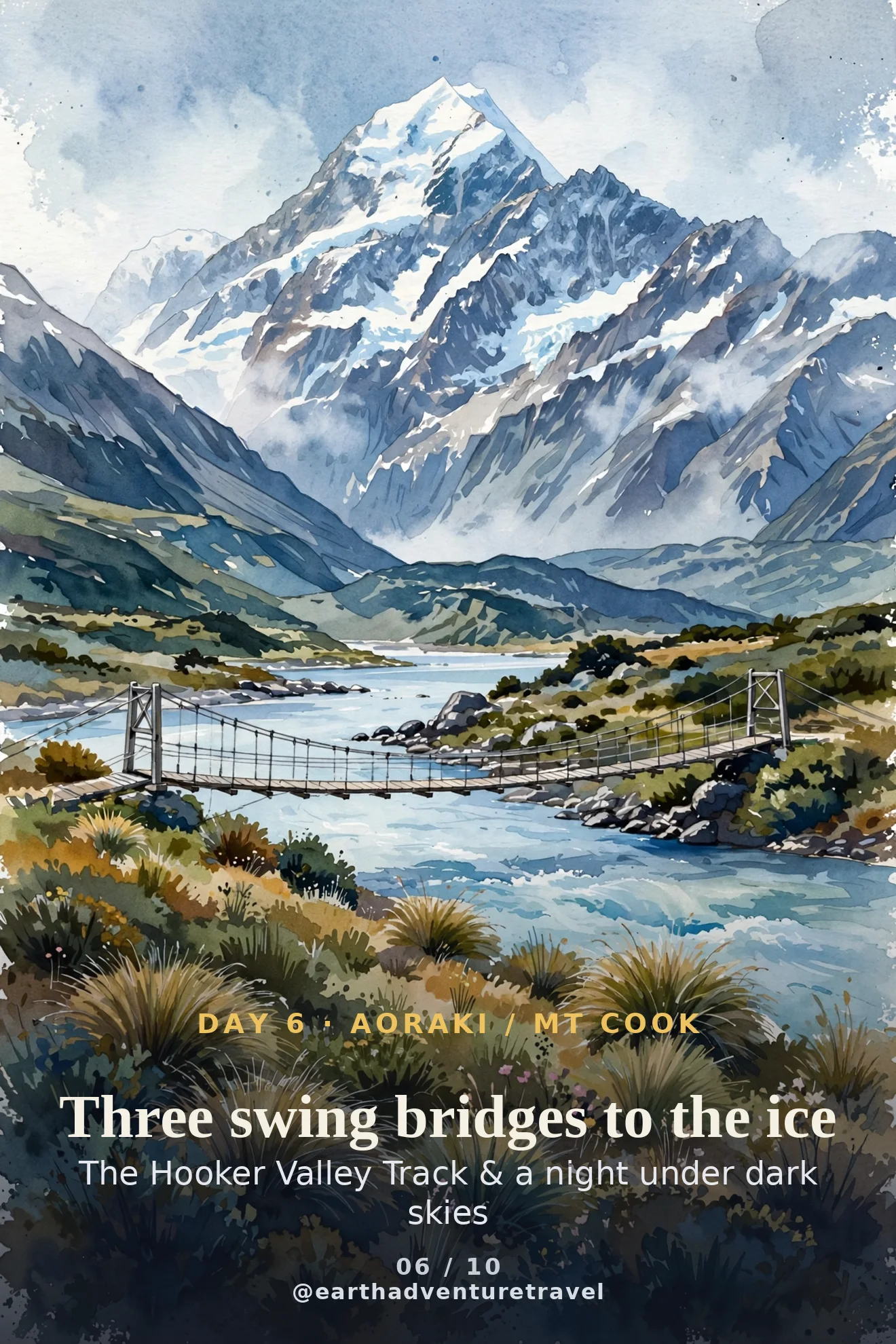 Day 6 itinerary card: Aoraki / Mt Cook above the Hooker Valley and Tekapo's dark sky