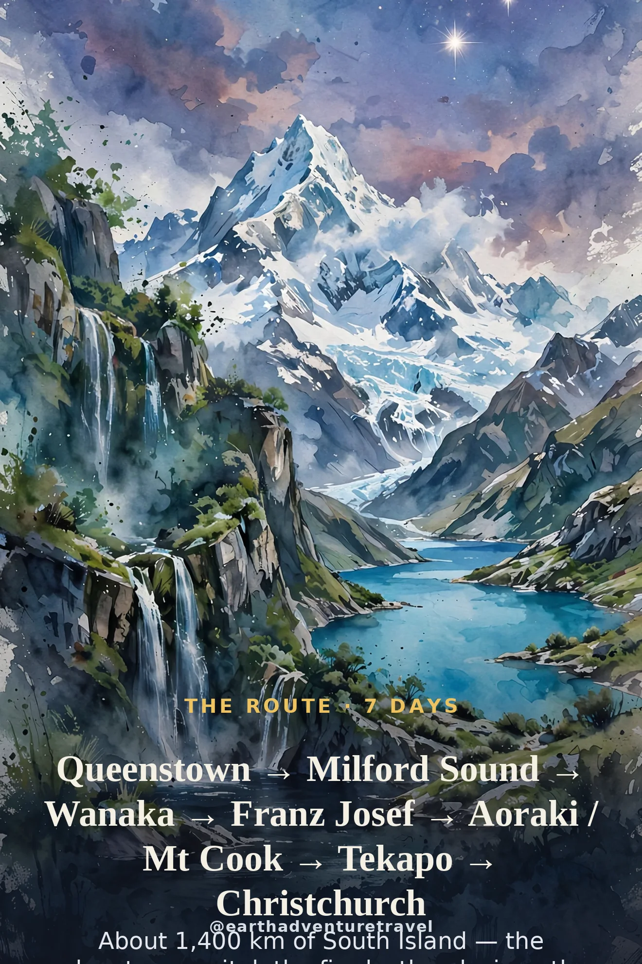 Recap graphic: the seven-day South Island route for couples — mountains, fjords and adventure