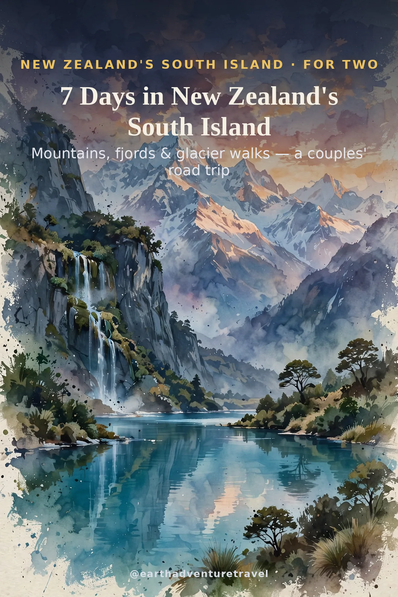 New Zealand South Island couples travel guide cover: the Southern Alps and a fjord waterfall painted in watercolor — a 7-day couples itinerary