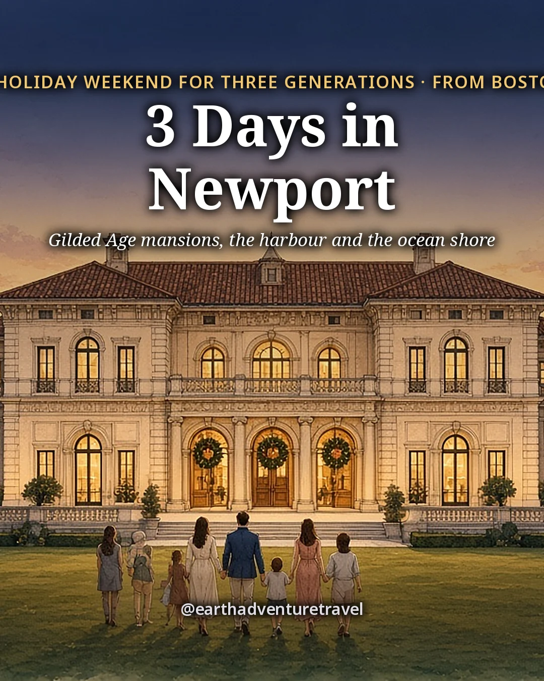 Illustration: the cover for 3 Days in Newport, a pale limestone seaside mansion with warm lit windows and wreaths on a wide lawn above the ocean at dusk