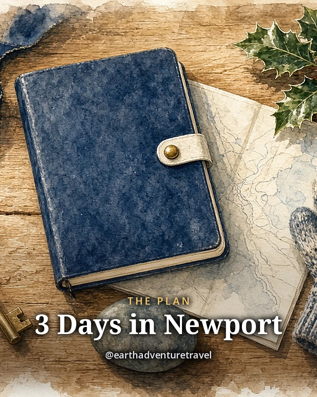 Illustration: a closed travel notebook, a folded blank map, a velvet ribbon, a brass key, a sprig of holly, knit mittens and a smooth beach stone on a sunny wooden table, original illustrated plan card