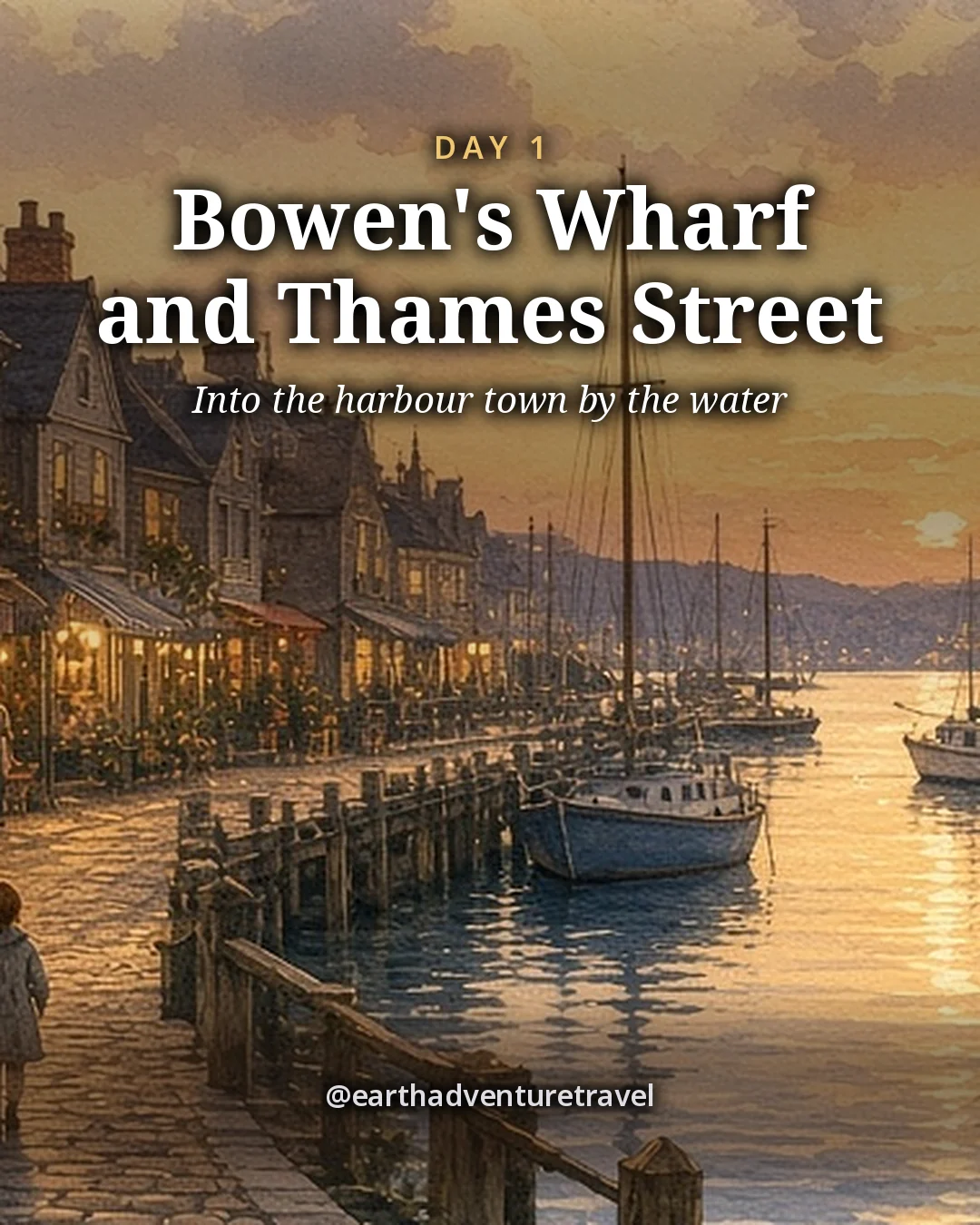 Illustration: a cobbled colonial wharf of weathered shingled shops hung with wreaths beside a calm harbour of moored sailboats at dusk, illustrated day card for Day 1