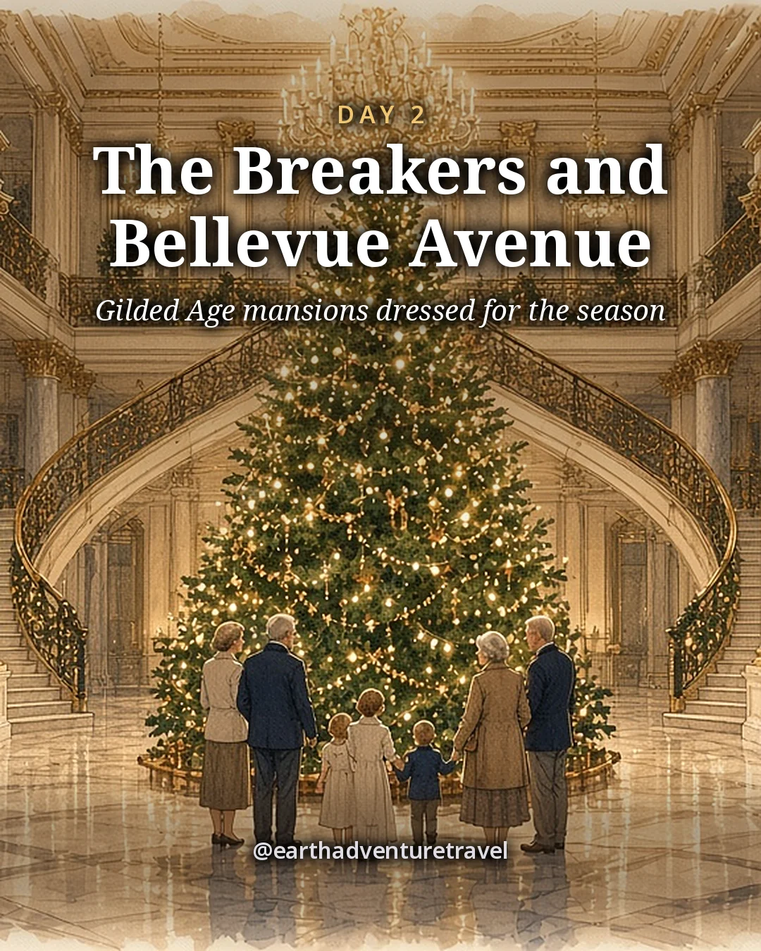Illustration: the grand hall of a Gilded Age mansion with marble columns, a sweeping staircase and a tall decorated evergreen glowing with warm lights, illustrated day card for Day 2