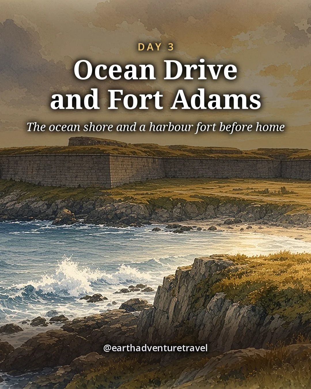 Illustration: a rocky Atlantic headland of dark ledges and surf with a grassy point and an old stone fort across the water under a wide winter sky, illustrated day card for Day 3