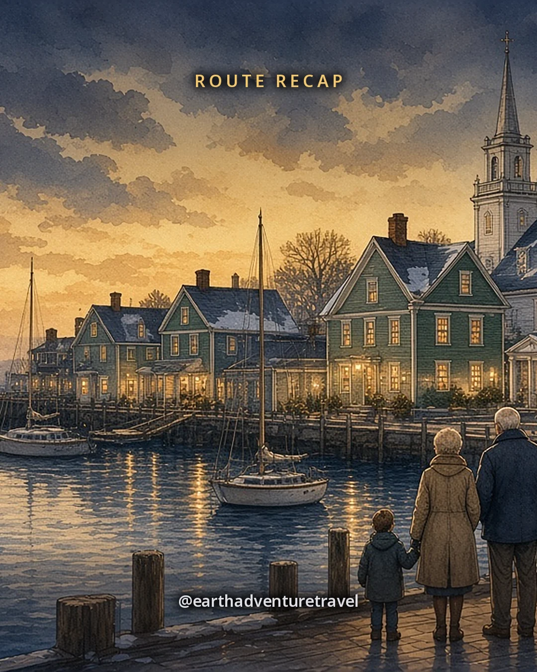Illustration: Newport harbour at dusk in winter, sailboats moored in calm water below colonial clapboard houses and a white church steeple with lit windows, original illustrated recap card