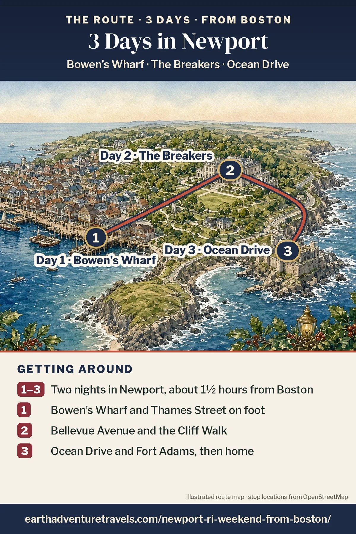Illustration: route map of the three days, an illustrated bird’s-eye view of Newport with numbered pins at Bowen’s Wharf on the harbour (Day 1), The Breakers on Bellevue Avenue (Day 2) and Brenton Point on Ocean Drive (Day 3)