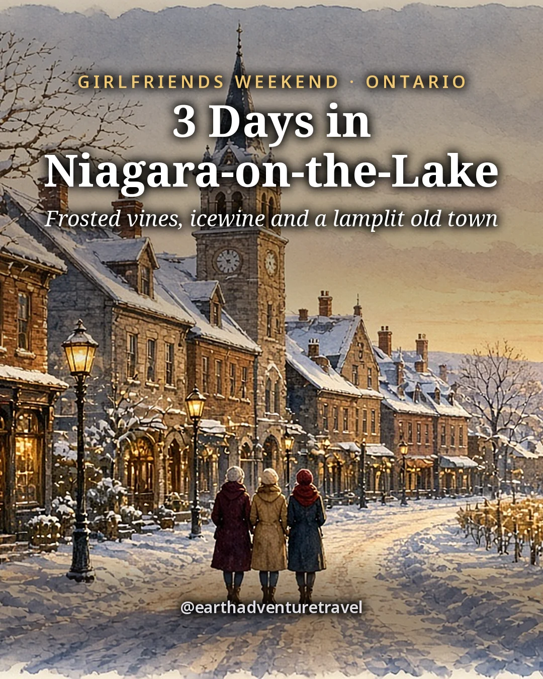 Illustration: the cover for 3 Days in Niagara-on-the-Lake, a snowy heritage main street with a clock tower and lamplit shopfronts at dusk, frosted vineyards beyond