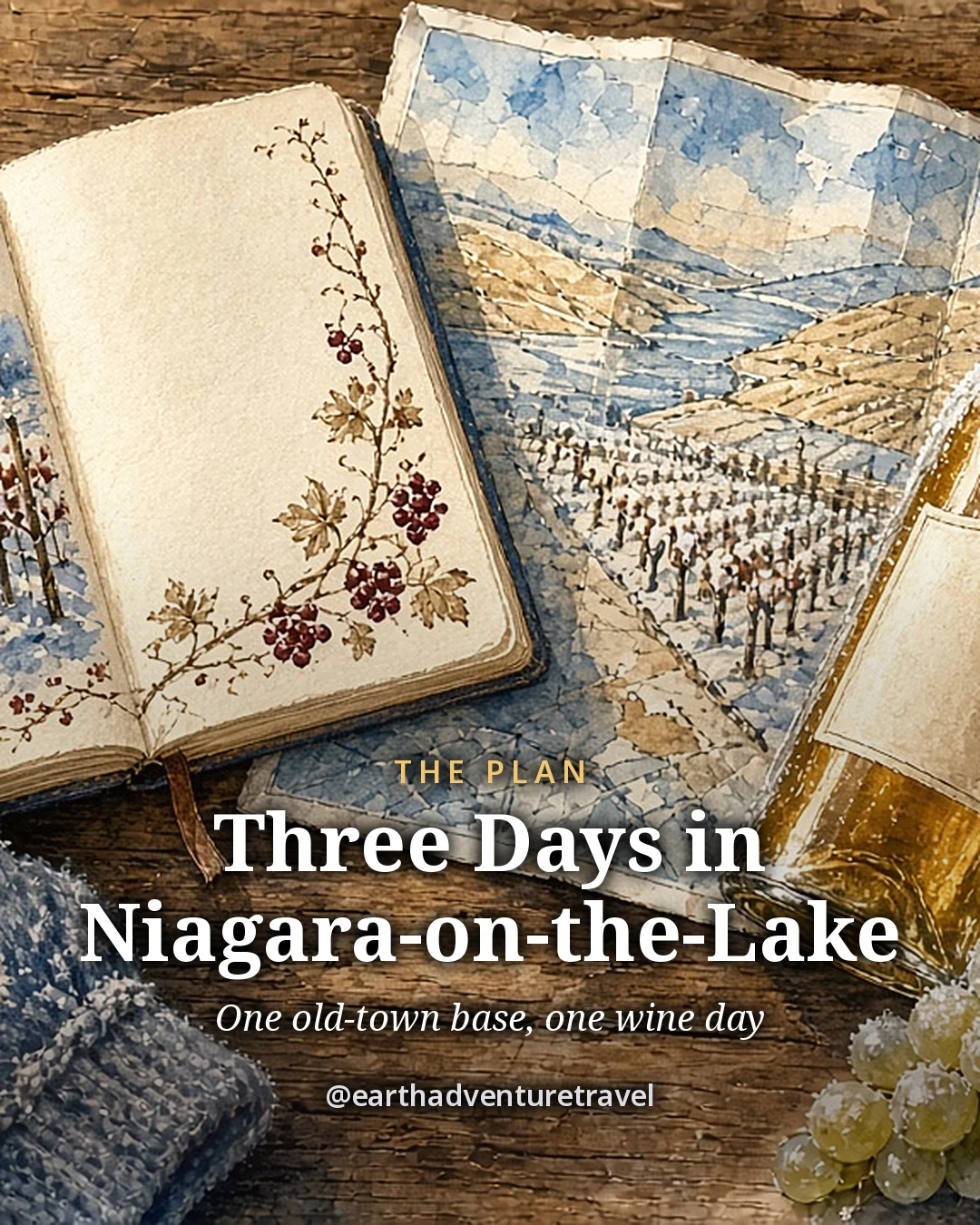 Illustration: an open notebook with grapevine sketches, a folded map of snowy vineyards, a knitted hat and frosted golden grapes on a wooden table, original illustrated plan card
