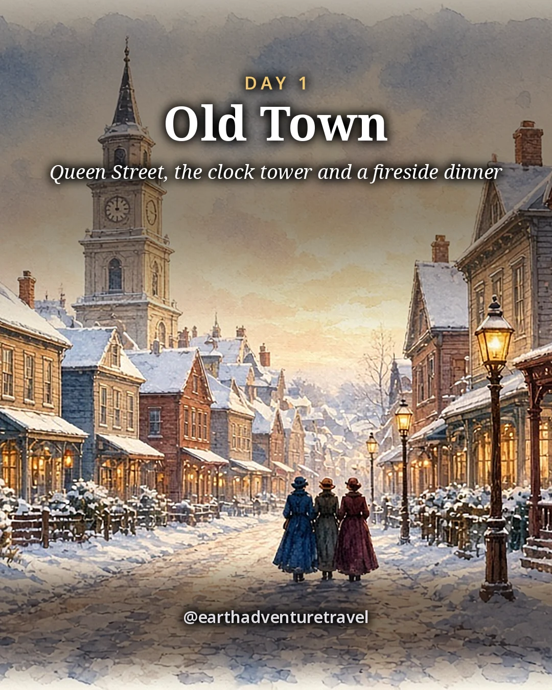 Illustration: a snowy heritage main street with a slender clock tower, brick and clapboard shopfronts and warm window light, illustrated day card for Day 1