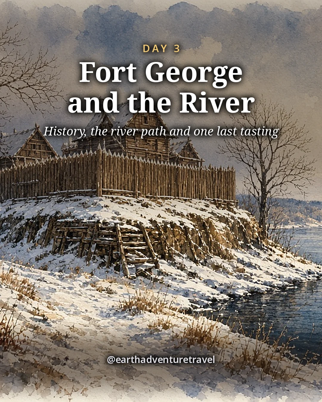 Illustration: a wooden-palisade fort with earthworks in fresh snow beside a wide dark river and bare trees, illustrated day card for Day 3