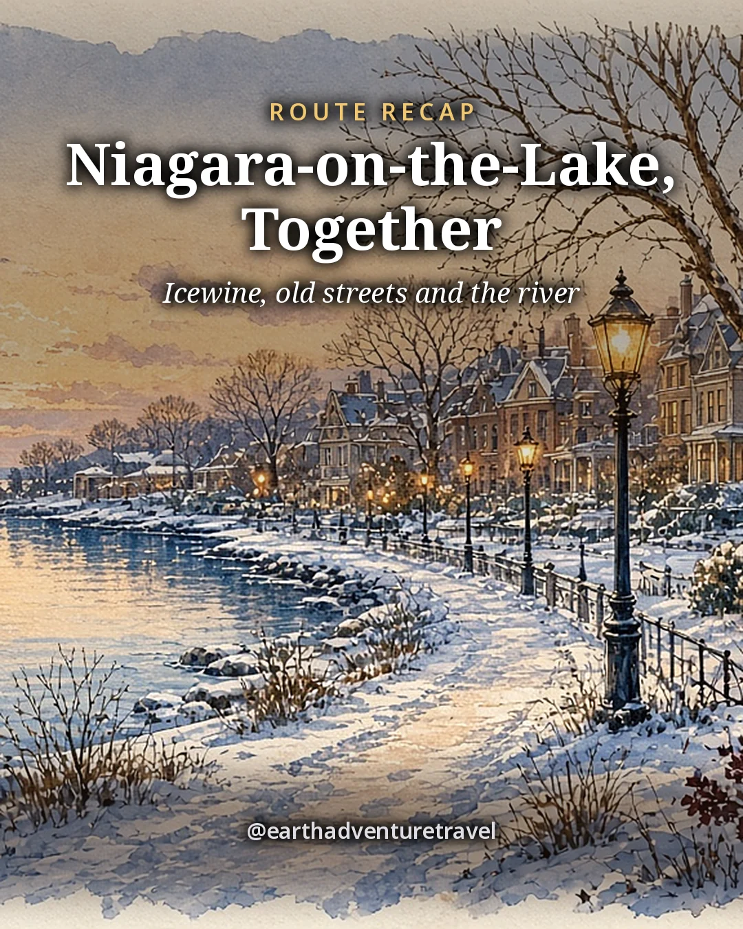 Illustration: a snowy lakeshore path lined with old-fashioned street lamps and heritage houses at dusk beside calm water, original illustrated recap card