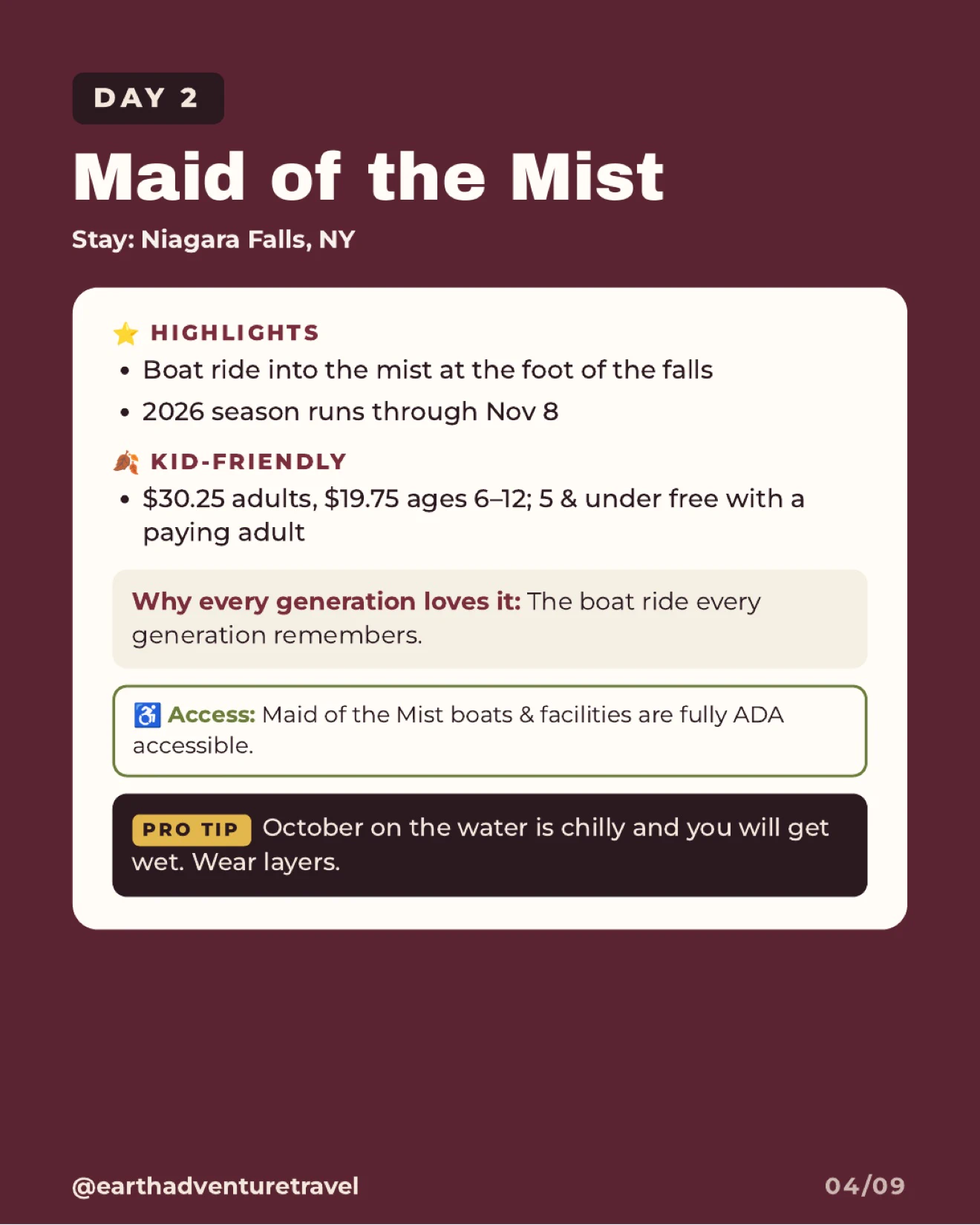 Day 2 itinerary graphic for Maid of the Mist