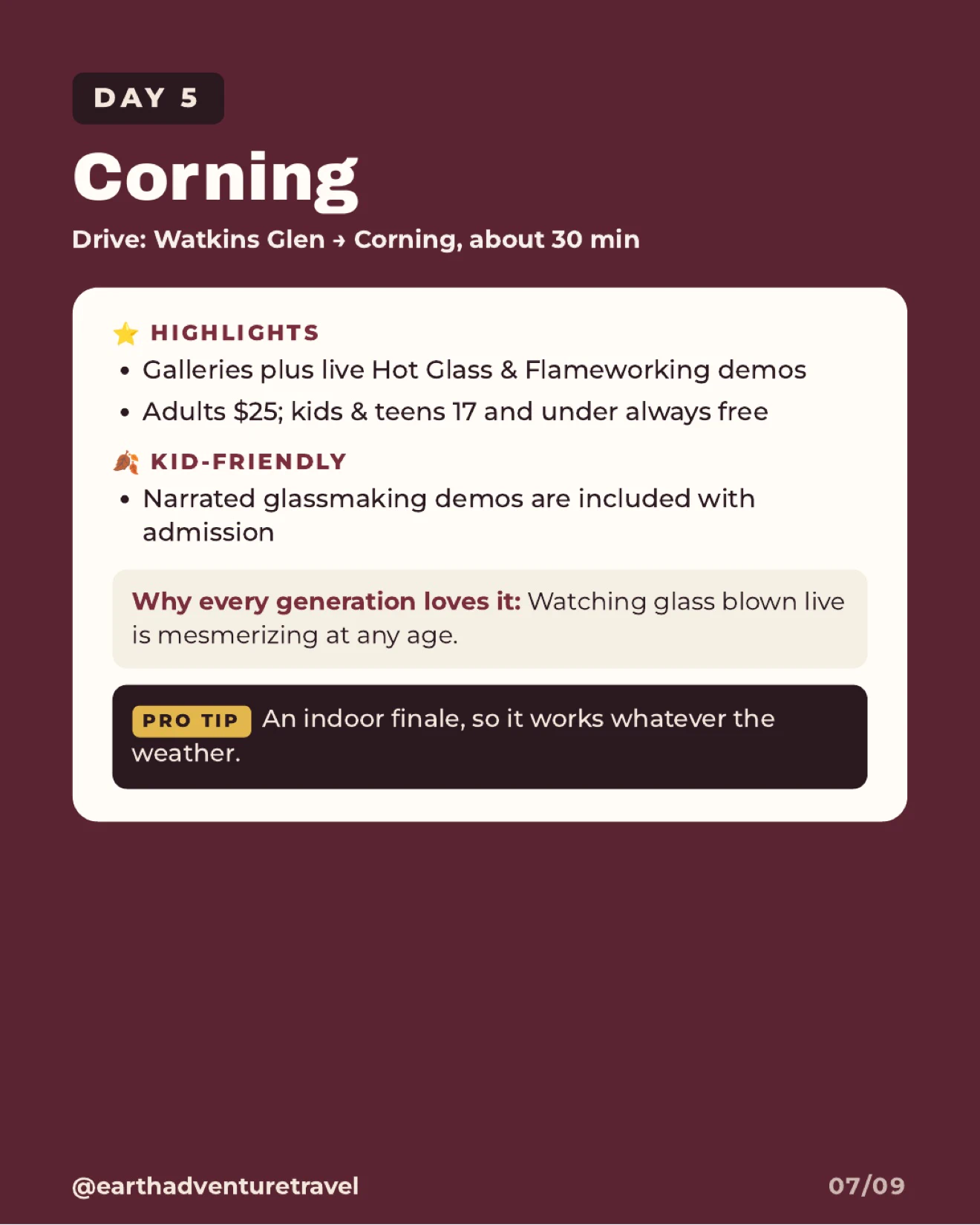 Day 5 itinerary graphic for the Corning Museum of Glass