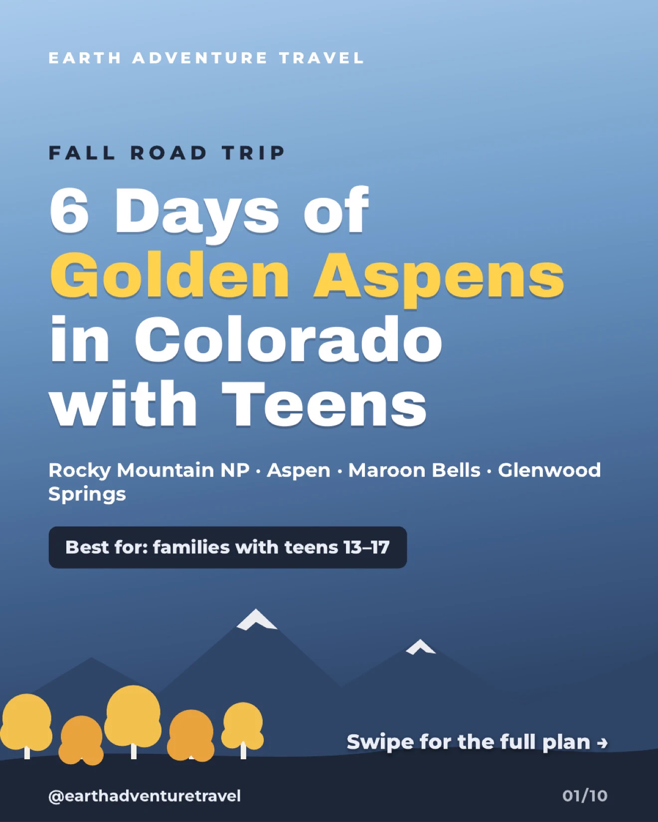 Illustrated cover for a six-day Colorado golden aspens family road trip