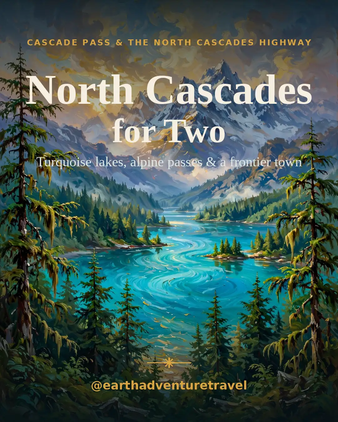 Illustrated North Cascades couples guide cover: Diablo Lake's turquoise water beneath jagged peaks