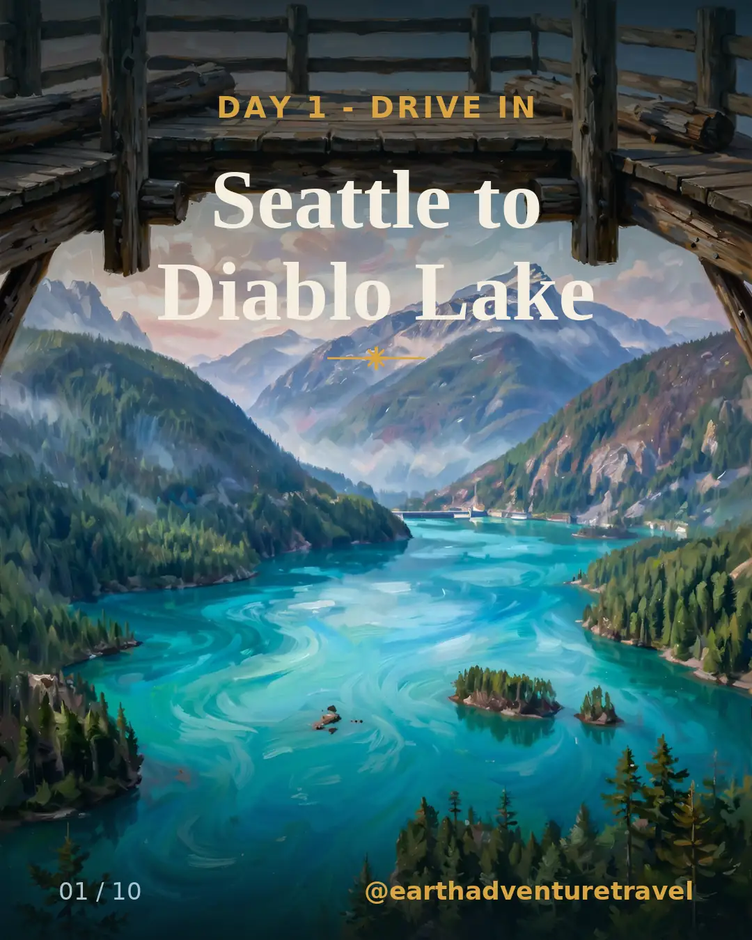 Day 1 graphic: the Diablo Lake overlook above turquoise water