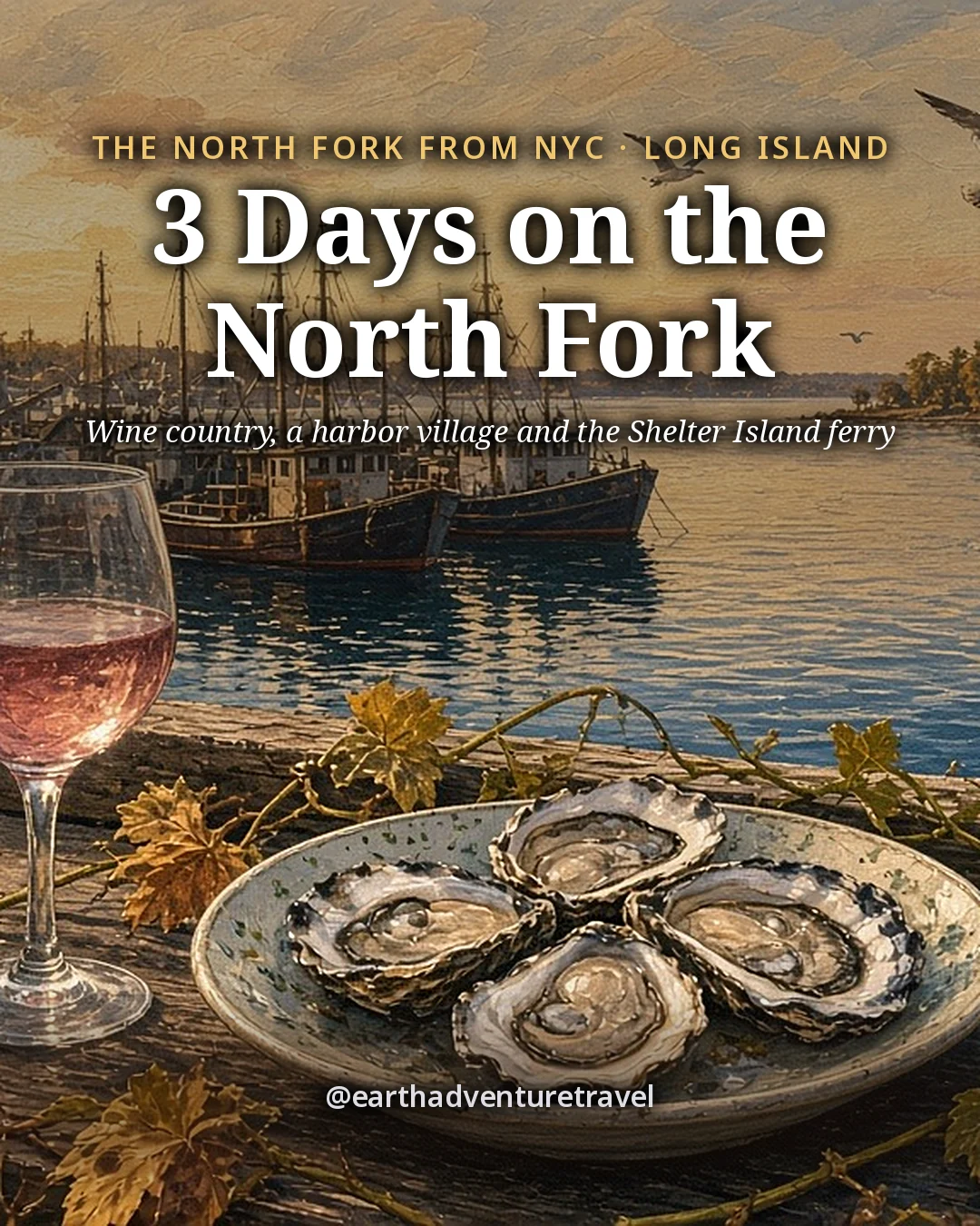 Illustration: the cover for 3 Days on the North Fork, a glass of rosé and a plate of oysters on a weathered harbor rail in Greenport at golden hour, fishing boats and a ferry crossing to Shelter Island
