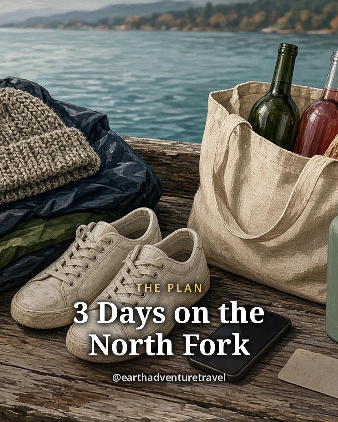 Illustration: a windproof jacket, a knit hat, flat sneakers, a canvas tote with two plain bottles and bread, farm-stand apples, a water bottle and a phone on a dock table, original illustrated plan card for 3 days on the North Fork