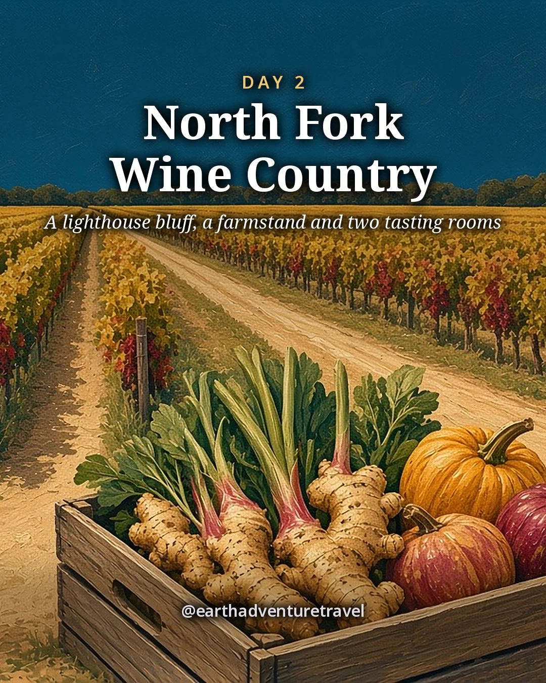 Illustration: late-fall North Fork vineyard rows under a wide sky with a wooden crate of farm-stand produce at the end of a row, illustrated day card for Day 2