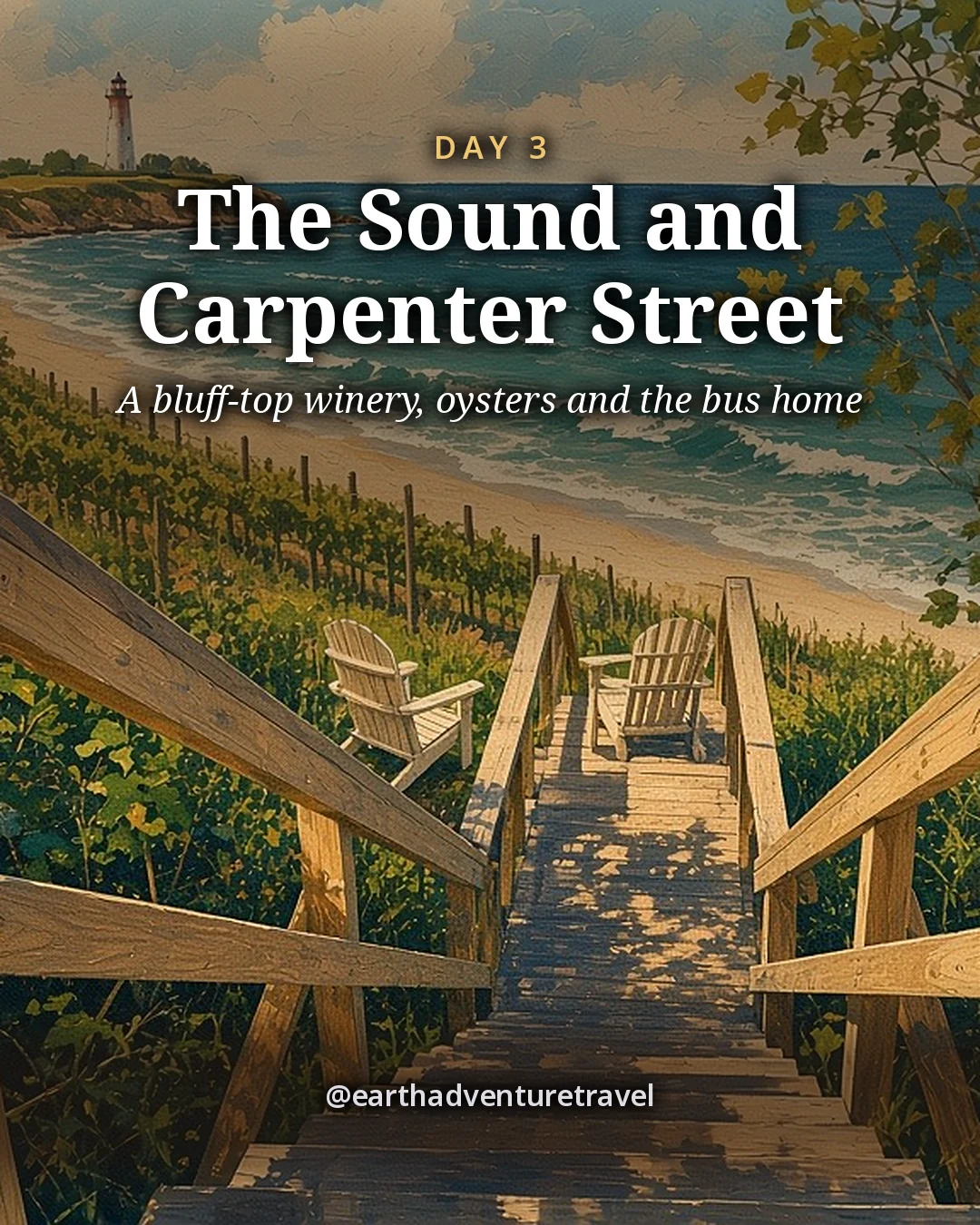 Illustration: a wooden stair down a grassy bluff to a Long Island Sound beach, with vine rows to the edge and a lighthouse on the far point, illustrated day card for Day 3