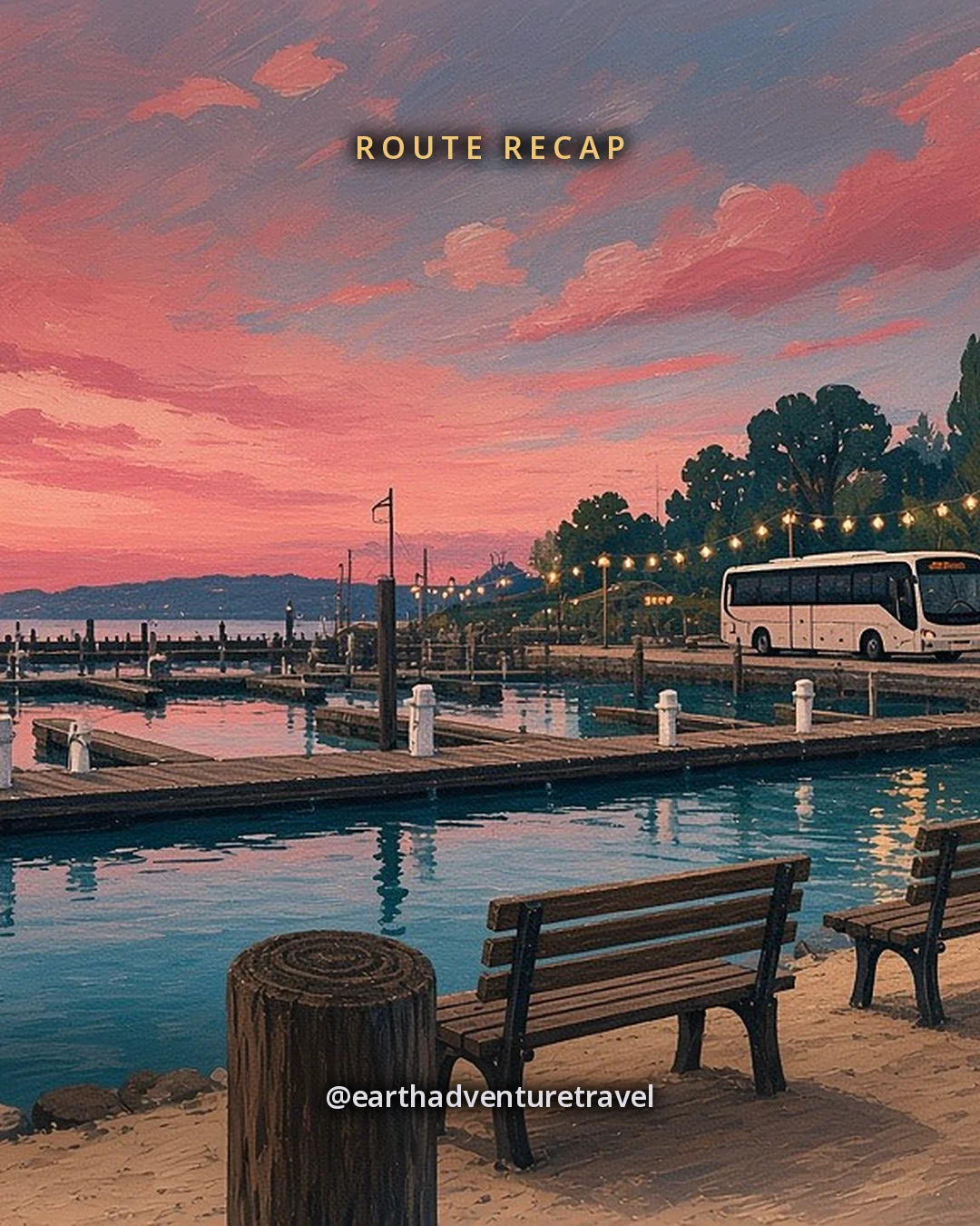 Illustration: Greenport harbor from Mitchell Park at dusk, with dock pilings, two empty benches and a coach bus waiting under string lights, original illustrated recap card