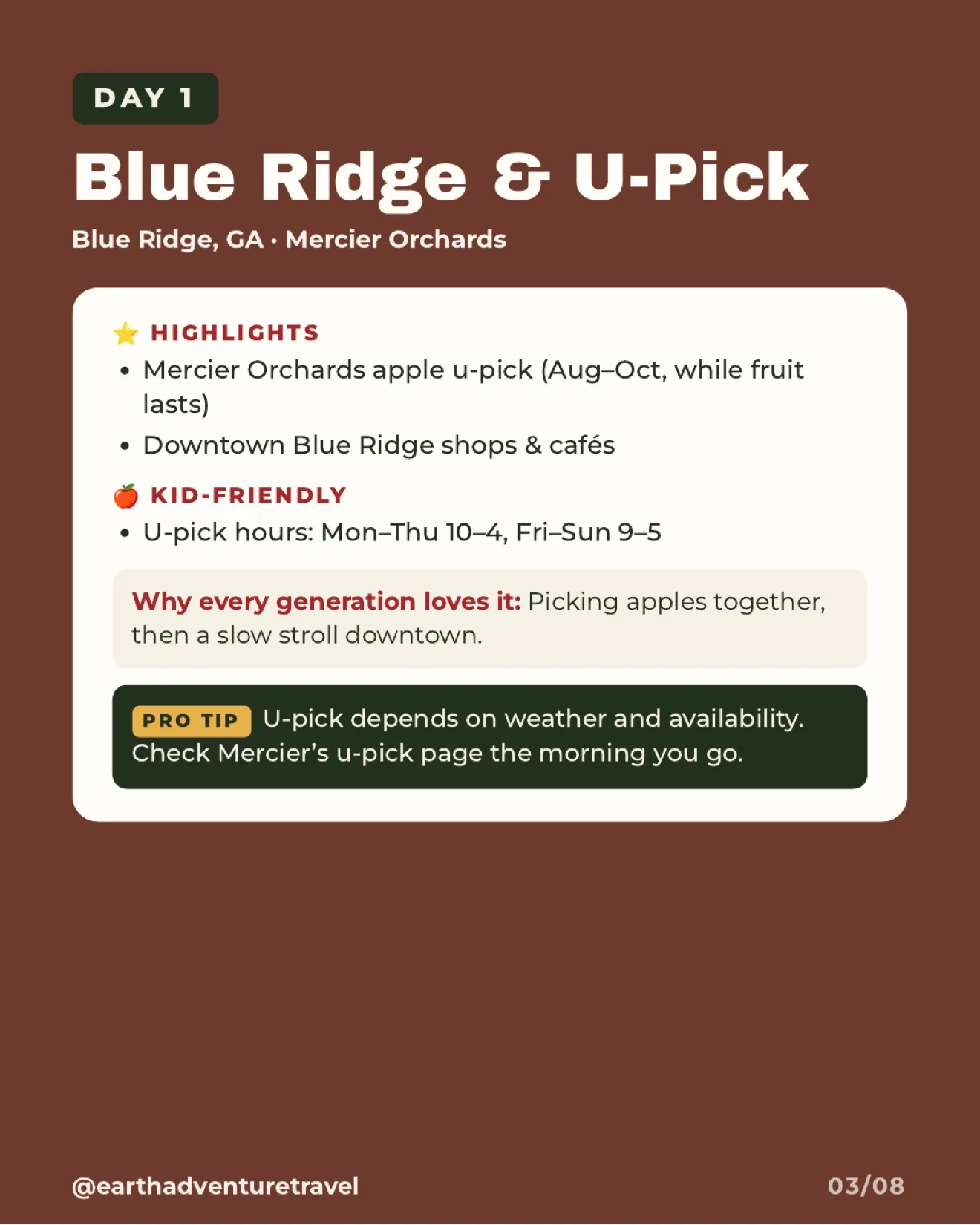 Day 1 itinerary graphic for Blue Ridge and apple u-pick