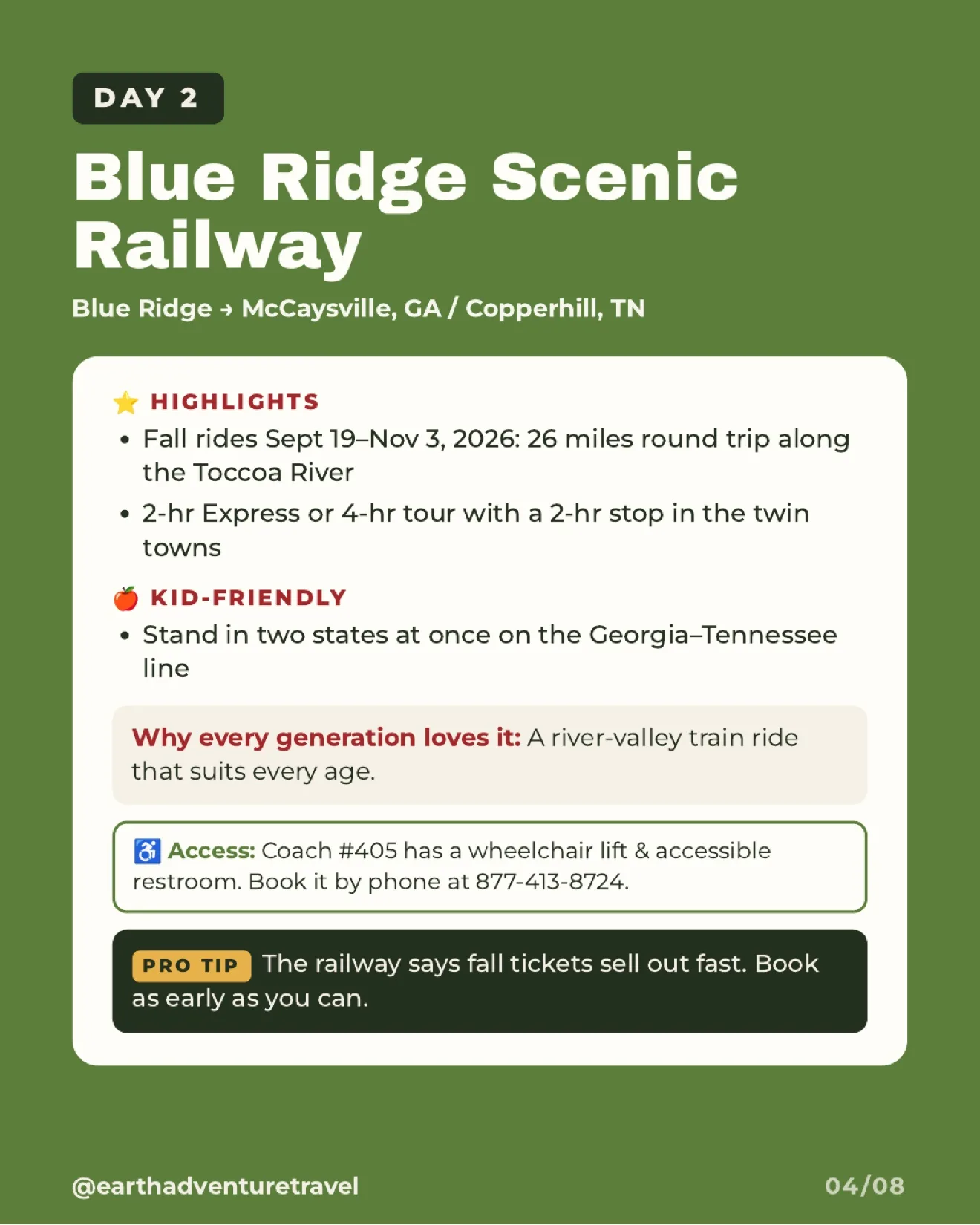 Day 2 itinerary graphic for the Blue Ridge Scenic Railway
